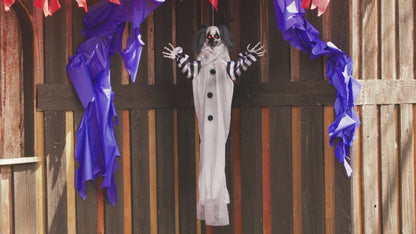 Animated Clown 4-Foot-Long Hanging Halloween Decoration - White and Black with Striped Arms